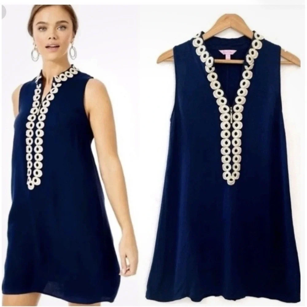 Lilly Pulitzer Jane Shift Dress Navy Blue Gold‎ Embroidery Zip Up Women's sz 10